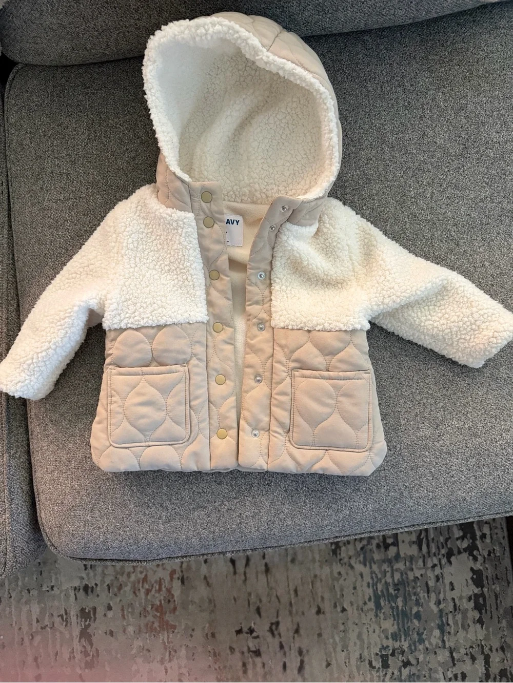 Old Navy Cream Quilted & Sherpa Hooded Puffer Jacket